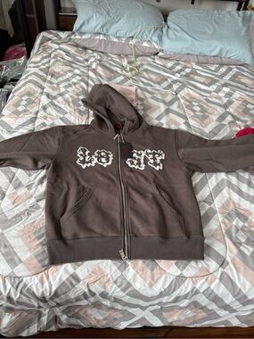 Lost Intricacy Brown Hooded Rhinestone Zip Up Hoodie Size M